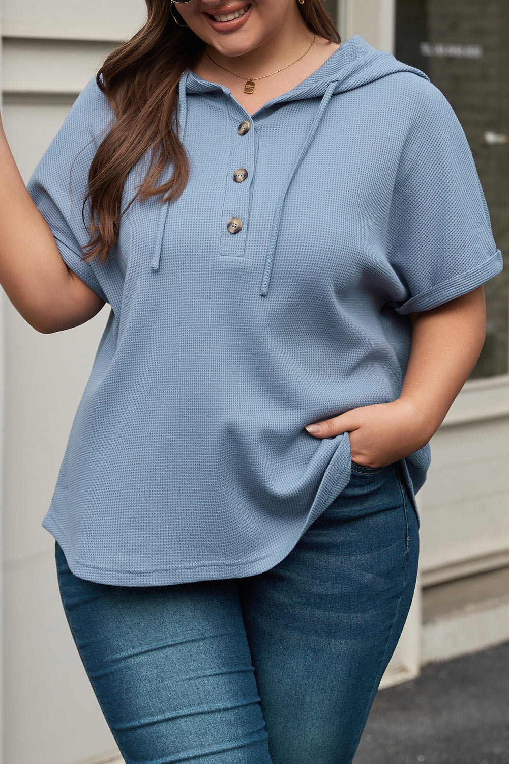 Ashleigh Blue Plus size wafelgebreide hoodie met korte mouwen en trekkoord