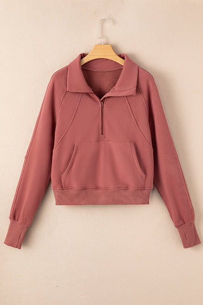 Smoke Green Fleece Lined Zip Up Stand Collar Thumbhole Sleeve Sweatshirt