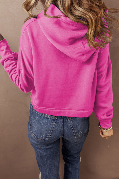 Black Solid Drop Shoulder Drawstring Cropped Hoodie