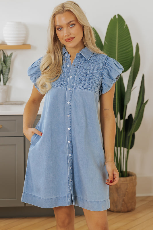 Beau Blue Flutter Sleeve Shirred Detail Button Up denim mini -jurk