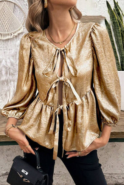 Gouden vlinderdas voorste bladerdeeg 3/4 mouw ruche zoom blouse