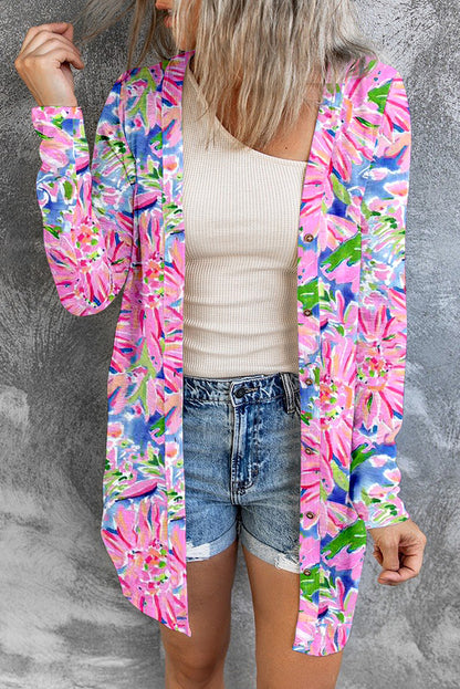 Roze bloemenprint vest met lange mouwen en knopen