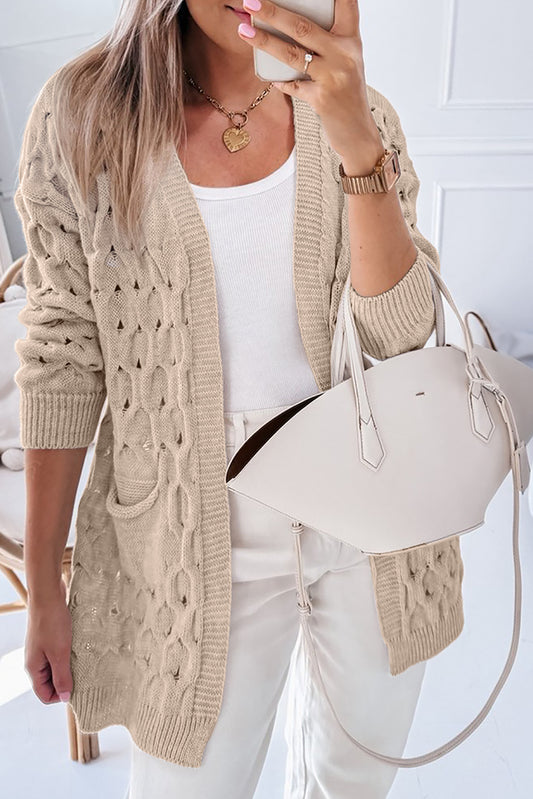 Jet Stream Cable Geknit Eyelet Side Pockets Baggy Cardigan