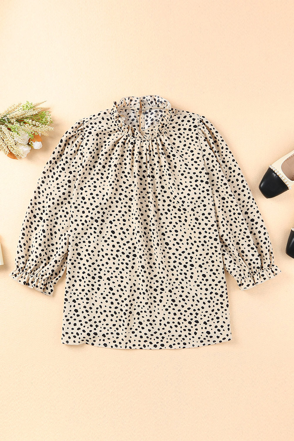Kaki Cheetah-blouse met 3/4 mouwen en ruches aan de hals
