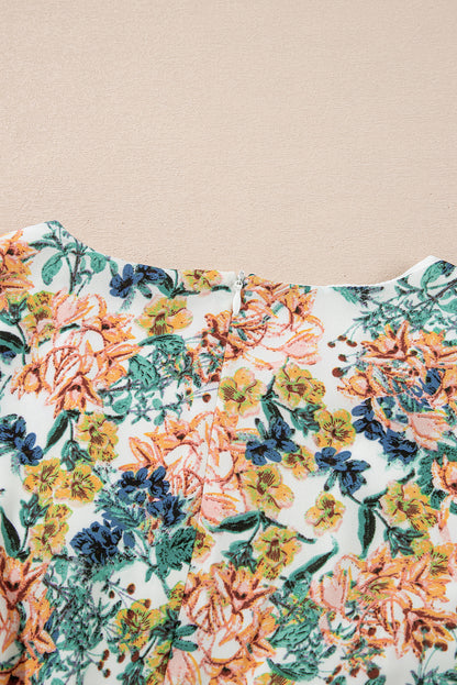 Sky Blue Floral 3/4 Sleeve V Neck High Taille Ruffled Dress