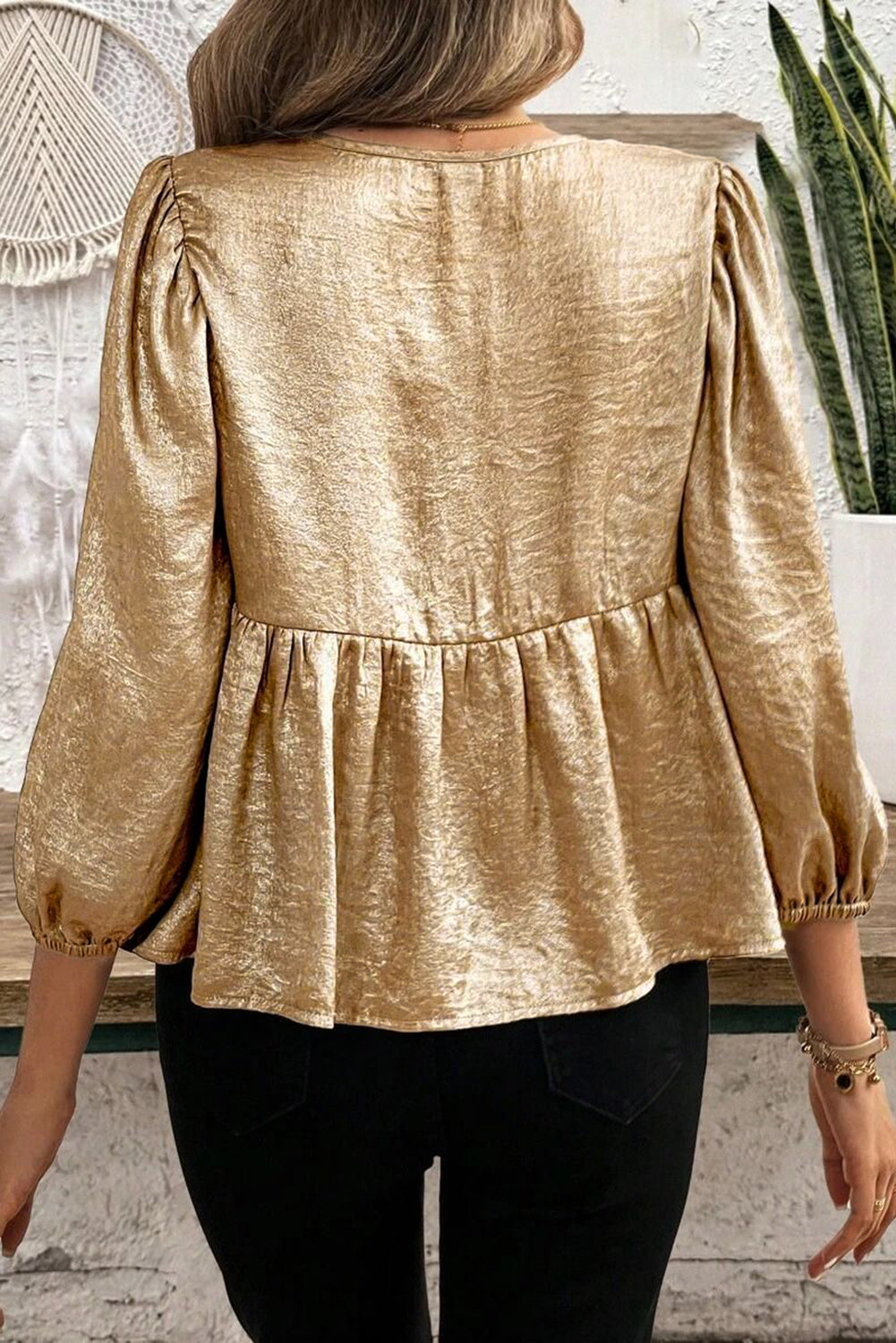 Gouden vlinderdas voorste bladerdeeg 3/4 mouw ruche zoom blouse