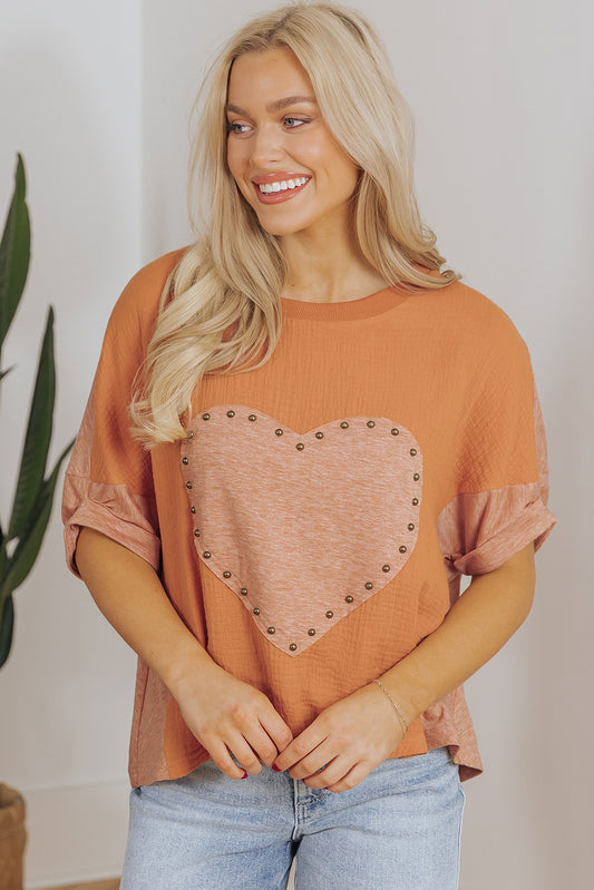 Desert Gold Stud Heart Patch getextureerde front Dolman top