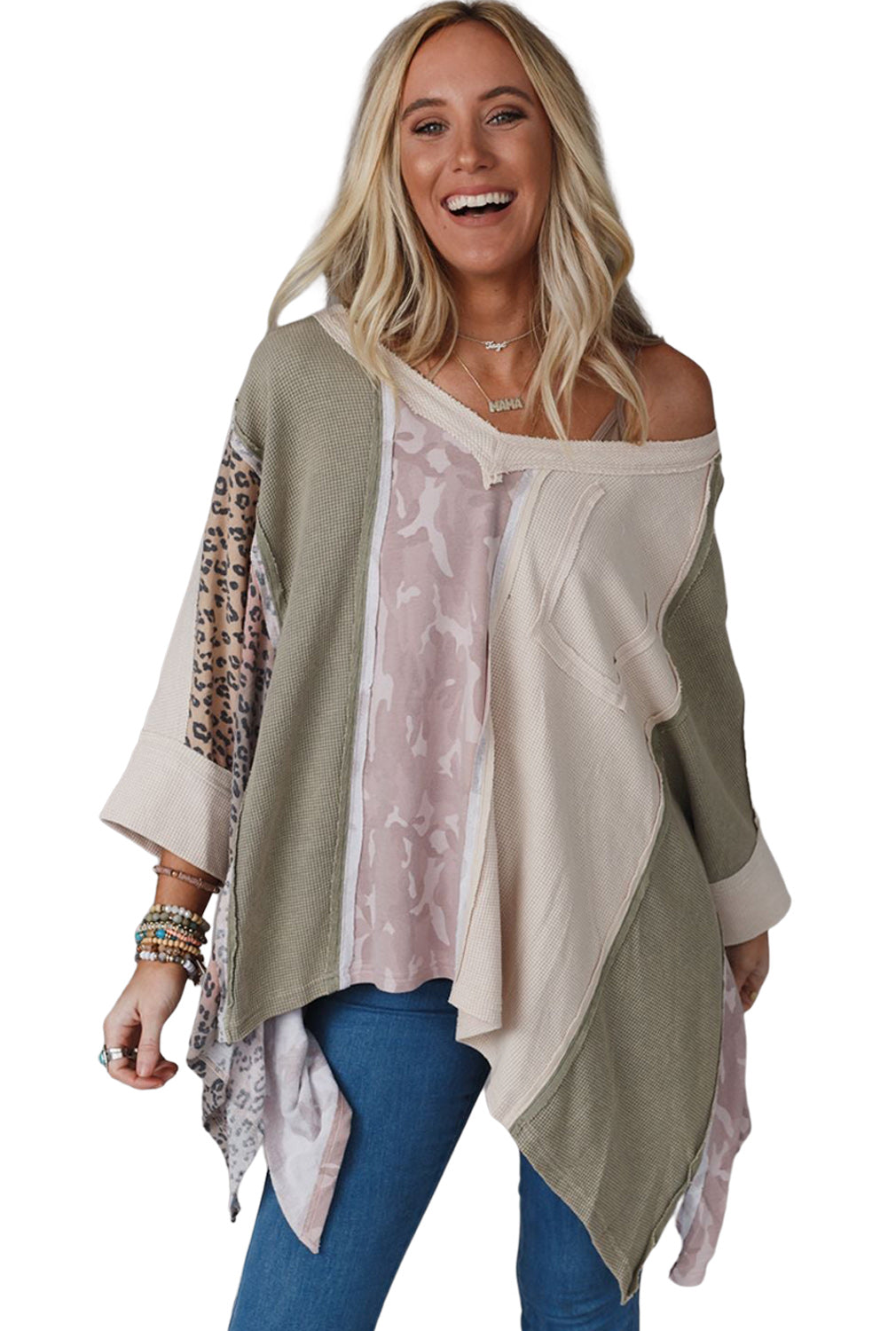 Veelkleurige oversized top met zichtbare naden en patchwork