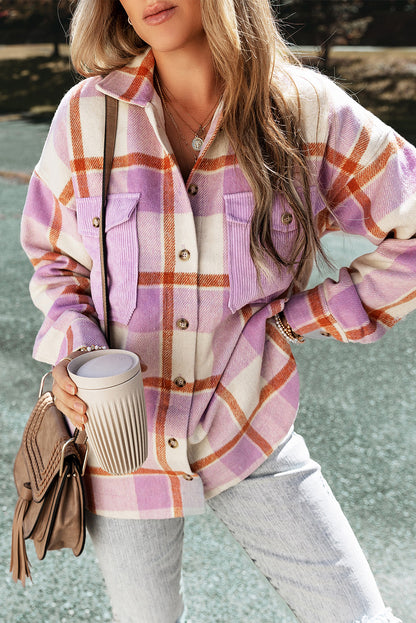 Paarse corduroy zakken geborsteld geruite shacket