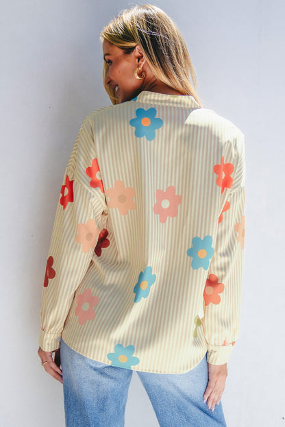 Abrikozenstreep Bloemprint Collared button-up Losse fit shirt