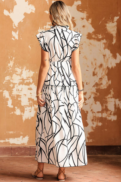 Witte abstracte aderprint met V-hals en ruches maxi-jurk