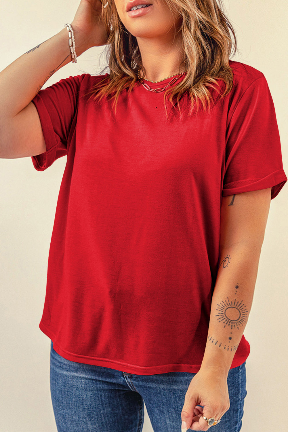Rood casual effen T-shirt met ronde hals