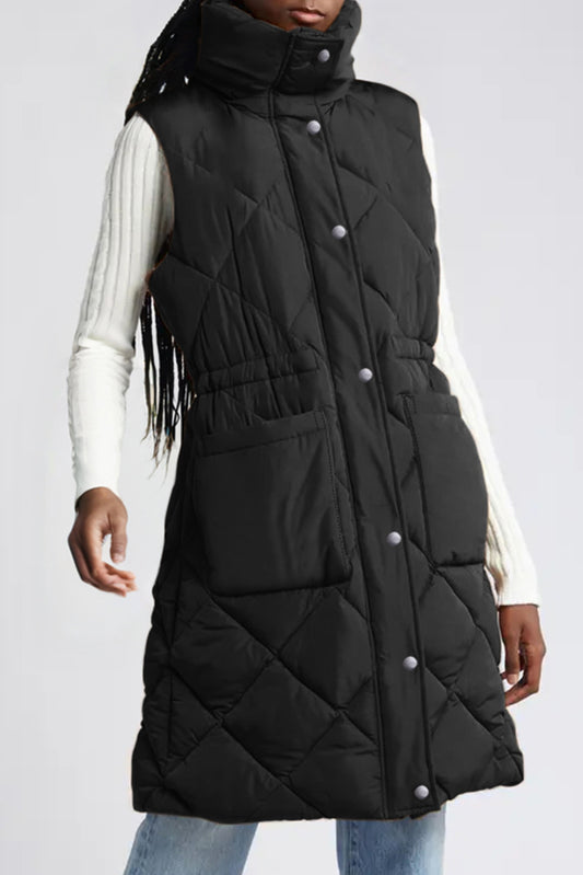 Zwarte lange gewatteerde staande kraag puffer vest