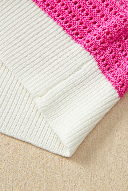 Witte colorblock gehaakte trui met ruches en korte mouwen