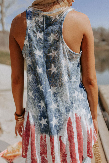 Blauwe vintage gewassen tanktop met vlagprint