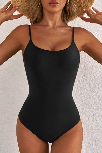 Zwart dunne riem strappy veter-up open terug één stuk zwempak