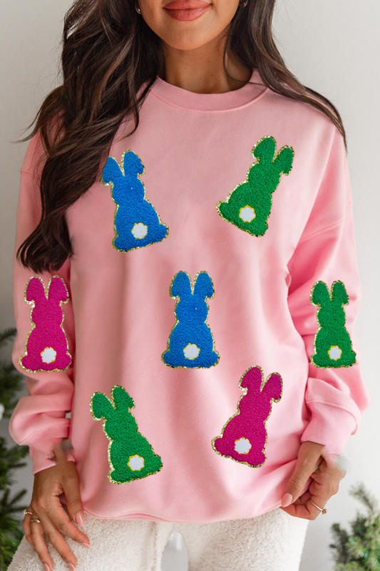 Pink Easter Bunny Chenille Patched Graphic Drop Schouder Sweatshirt