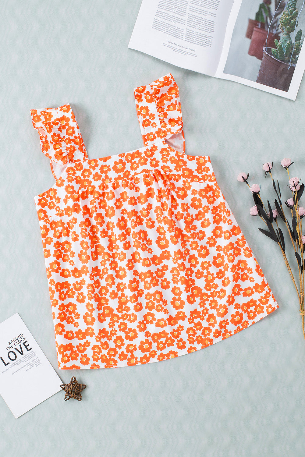 Oranje tanktop met ruches met vierkante hals en bloemenprint