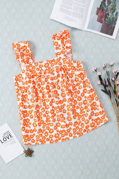 Oranje tanktop met ruches met vierkante hals en bloemenprint