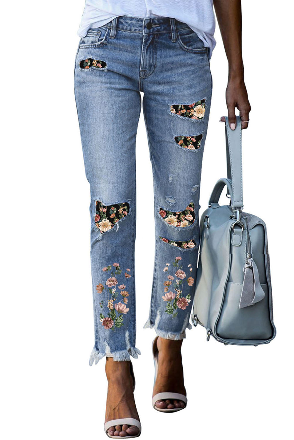 Hemelsblauw gescheurde skinny jeans met print en patch
