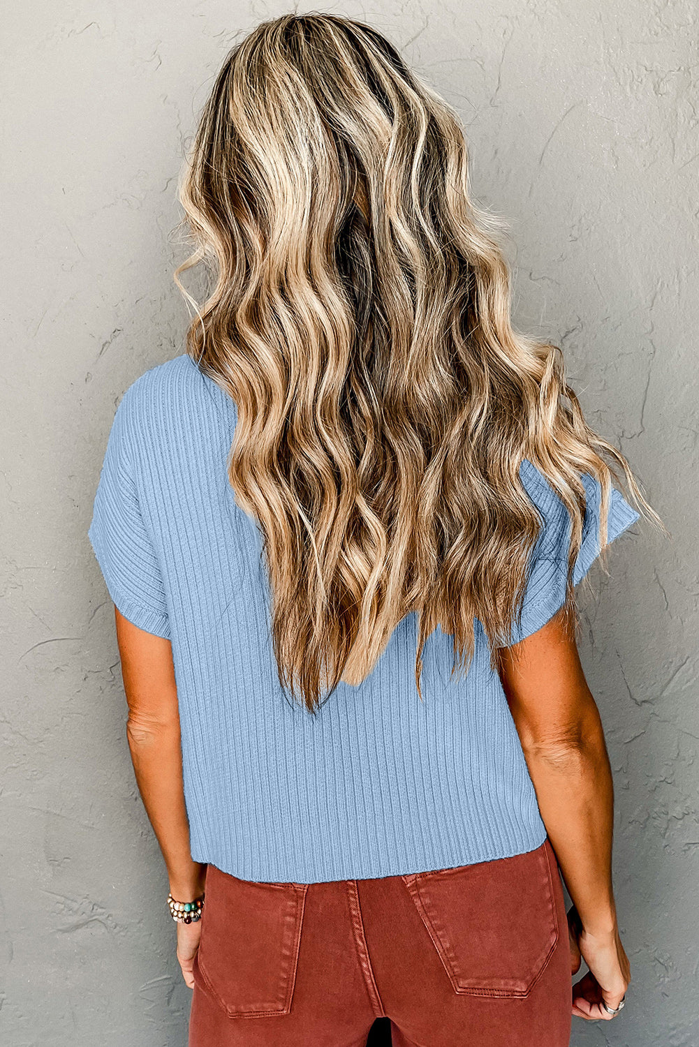 Beau Blue Patch Pocket geribbeld gebreide trui met korte mouwen