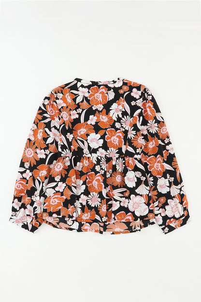 Bruine babydollblouse met 3/4 mouwen en bloemenprint