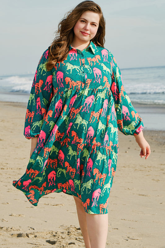 Groen paard bedrukte lange mouw met lange mouwen geknoopte buttoned plus size midi -jurk