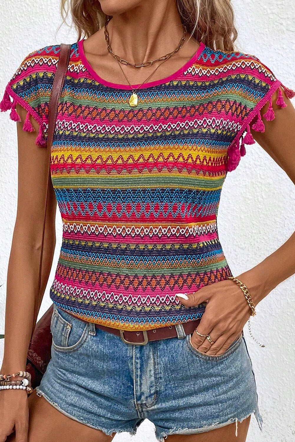 Rose Red Jacquard getextureerde Tasseled Cap Sleeve top