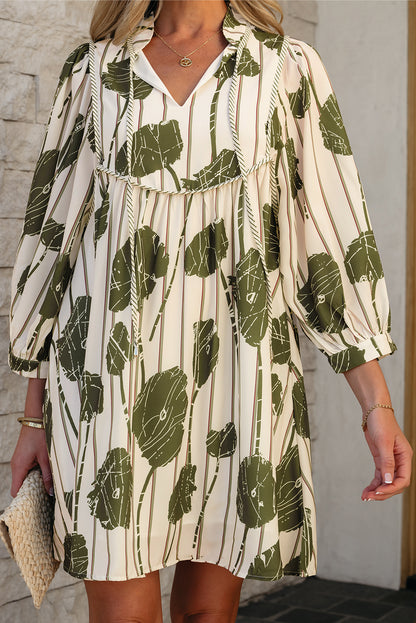 Guacamole groene bloemen gestreepte print contrast giping puff mouw jurk