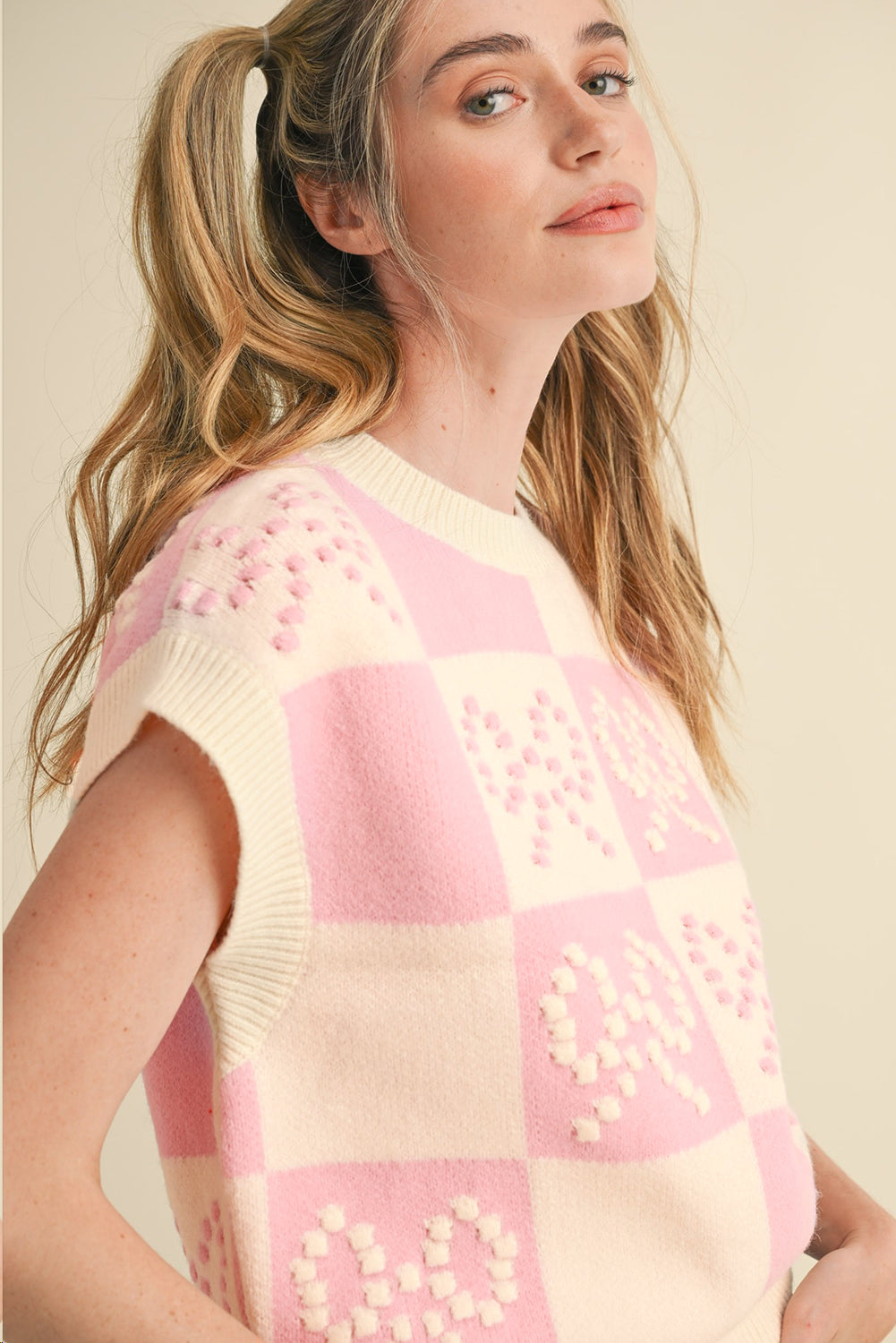 Roze preppy boogdetail geruite trui vest
