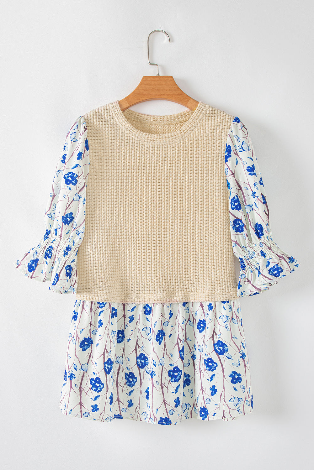 Beige Waffle Floral Patchwork Korte Four -mouw peplum blouse