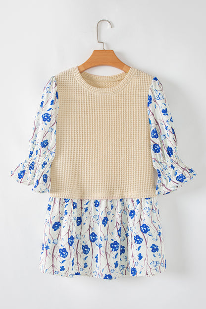 Beige Waffle Floral Patchwork Korte Four -mouw peplum blouse