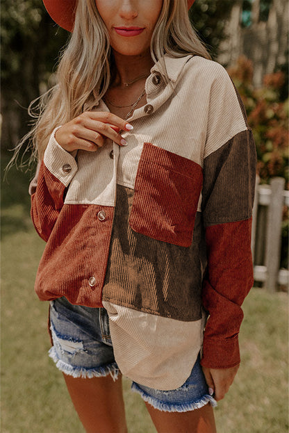 Kaneel Colorblock Corduroy shacket met gebogen zoom en zak