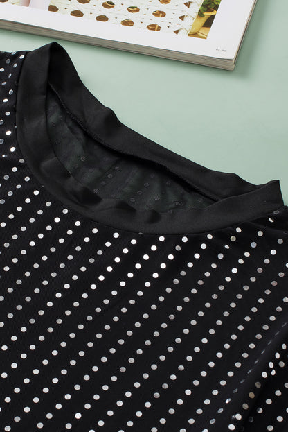 Zwart transparant T-shirt met lage schouder en pailletten