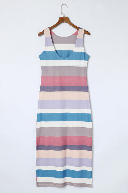 Maxi-tanktopjurk met veelkleurige strepenprint en split