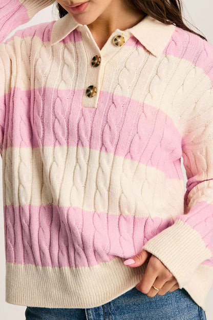 Roze streepkabel gebreide collared henley trui