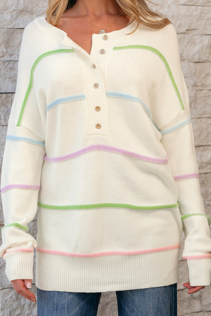 Witte regenboogstrepen laten schouderbaggy henley trui