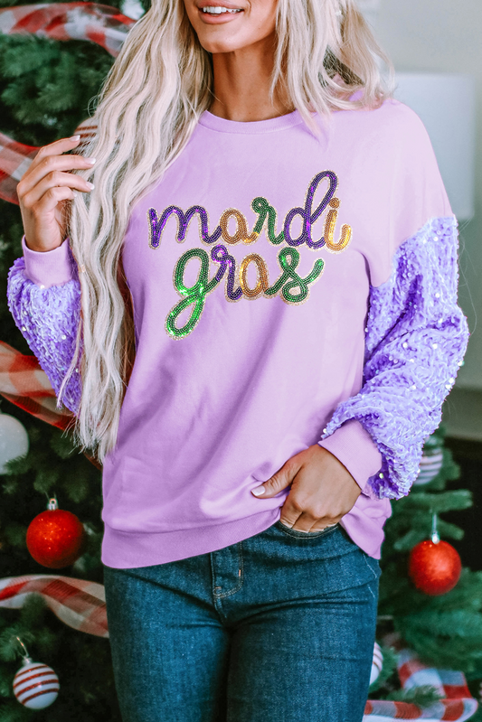 Orchidee bloembladen mardi gras grafisch pailletten patchwork lange mouw top