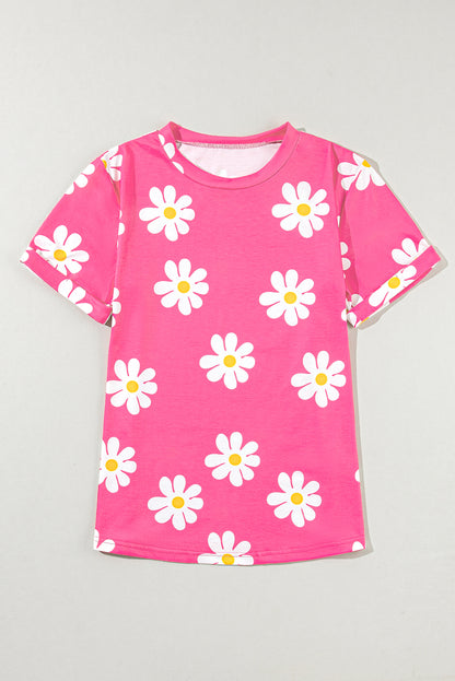Roze madeliefjes bedrukt T-shirt met ronde hals