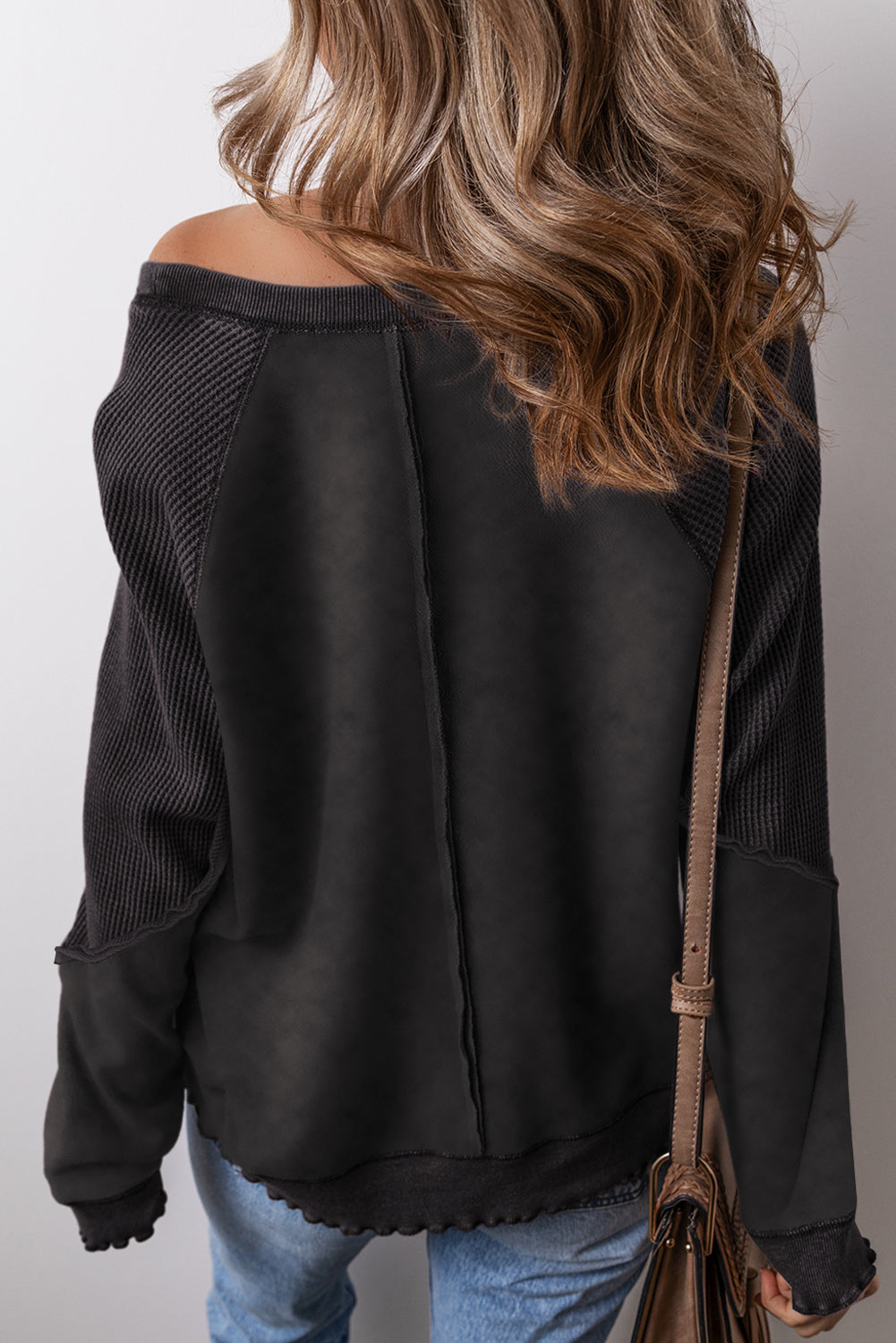 Zeil blauw massief wafel gebreide patchwork raglan mouw sweatshirt