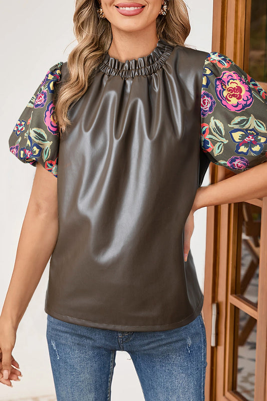 Vier blad klaver bloemen bubbel mouw lederwork lederwork frillred round necy blouse