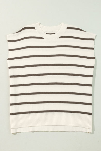 Bruine streep zijkant split Crewneck korte mouw trui T -shirt