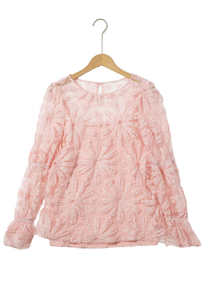 Pink Flower Dotted Ruffled Sleeve Mesh Top