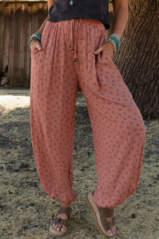 Roze Boho Floral Gedrukte brede poot jogger broek