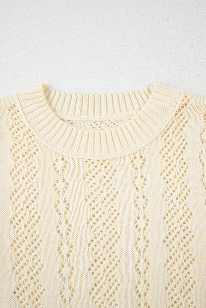 Beige uitgehold patroon gebreide korte puff mouw trui