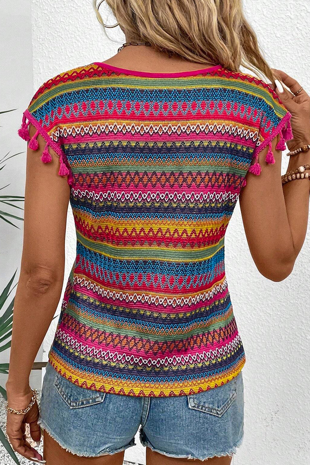 Rose Red Jacquard getextureerde Tasseled Cap Sleeve top