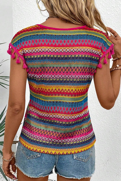 Rose Red Jacquard getextureerde Tasseled Cap Sleeve top