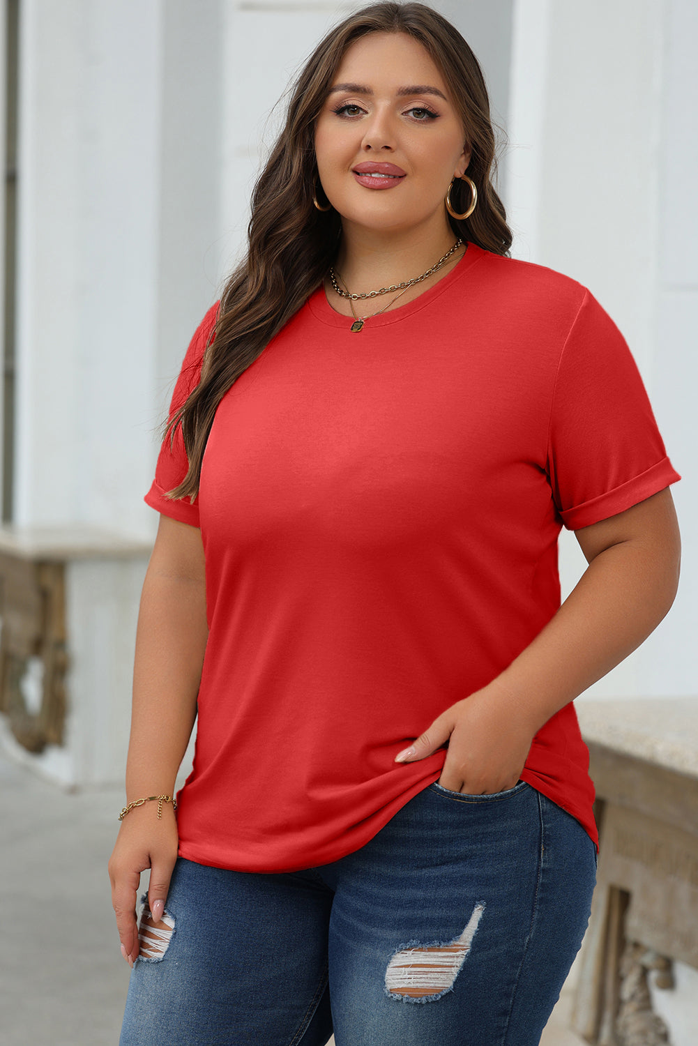 Rood casual effen T-shirt met ronde hals