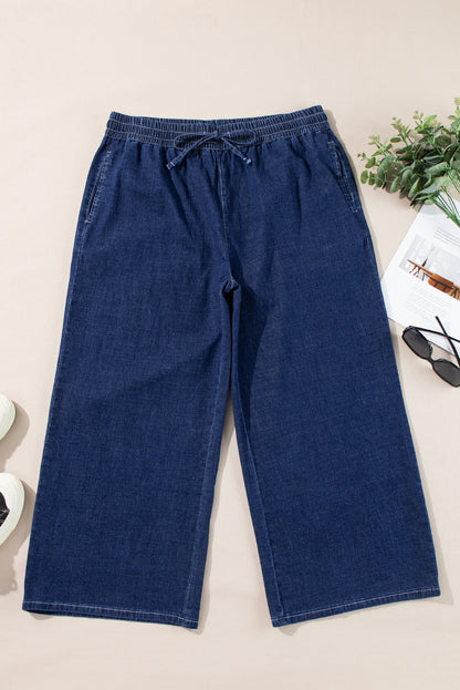 Real Teal Plus Size Drawstring High Taille Wide Leg Casual Jeans