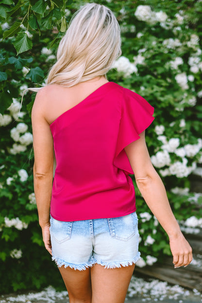 Aardbeienroze asymmetrische schouderheuvelkleed Mouw Elegante blouse